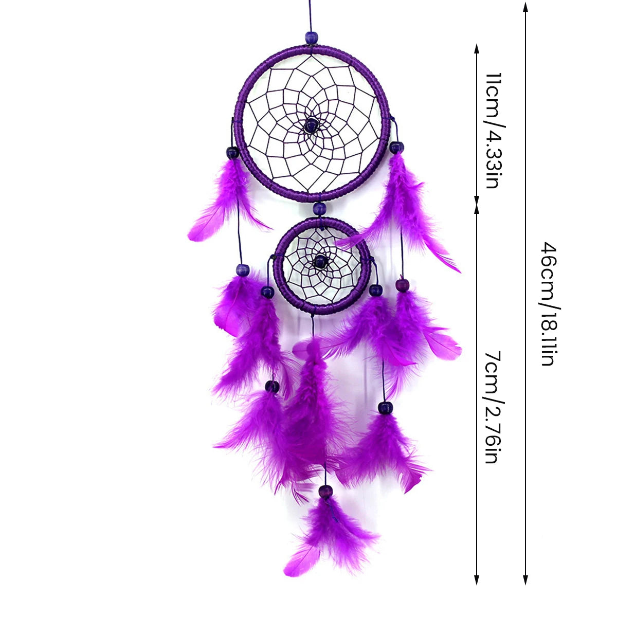 Purple dreamcatcher with measurements on a white background