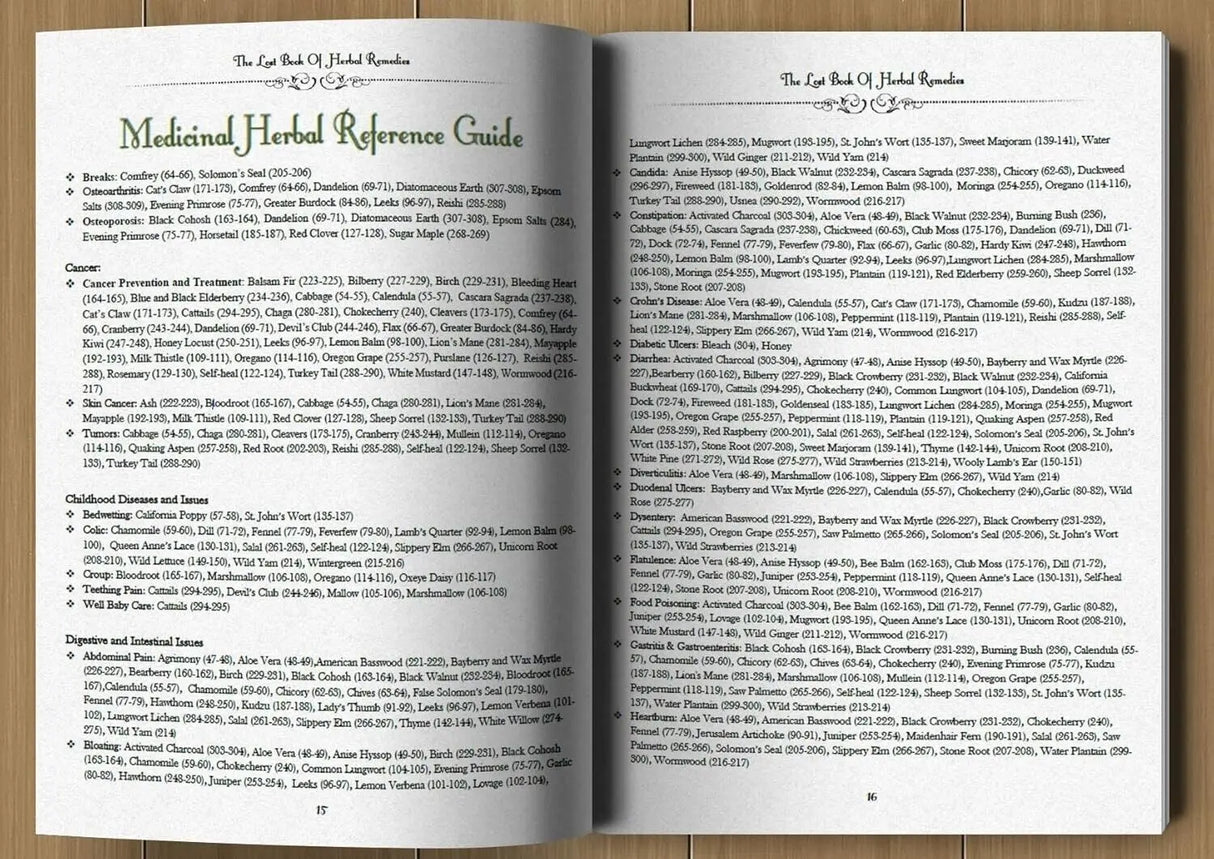 Open book displaying a medicinal herbal reference guide on a wooden surface