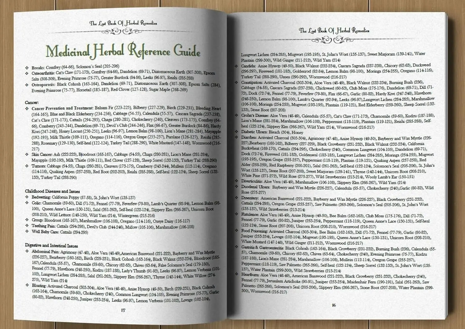 Open book displaying a medicinal herbal reference guide on a wooden surface