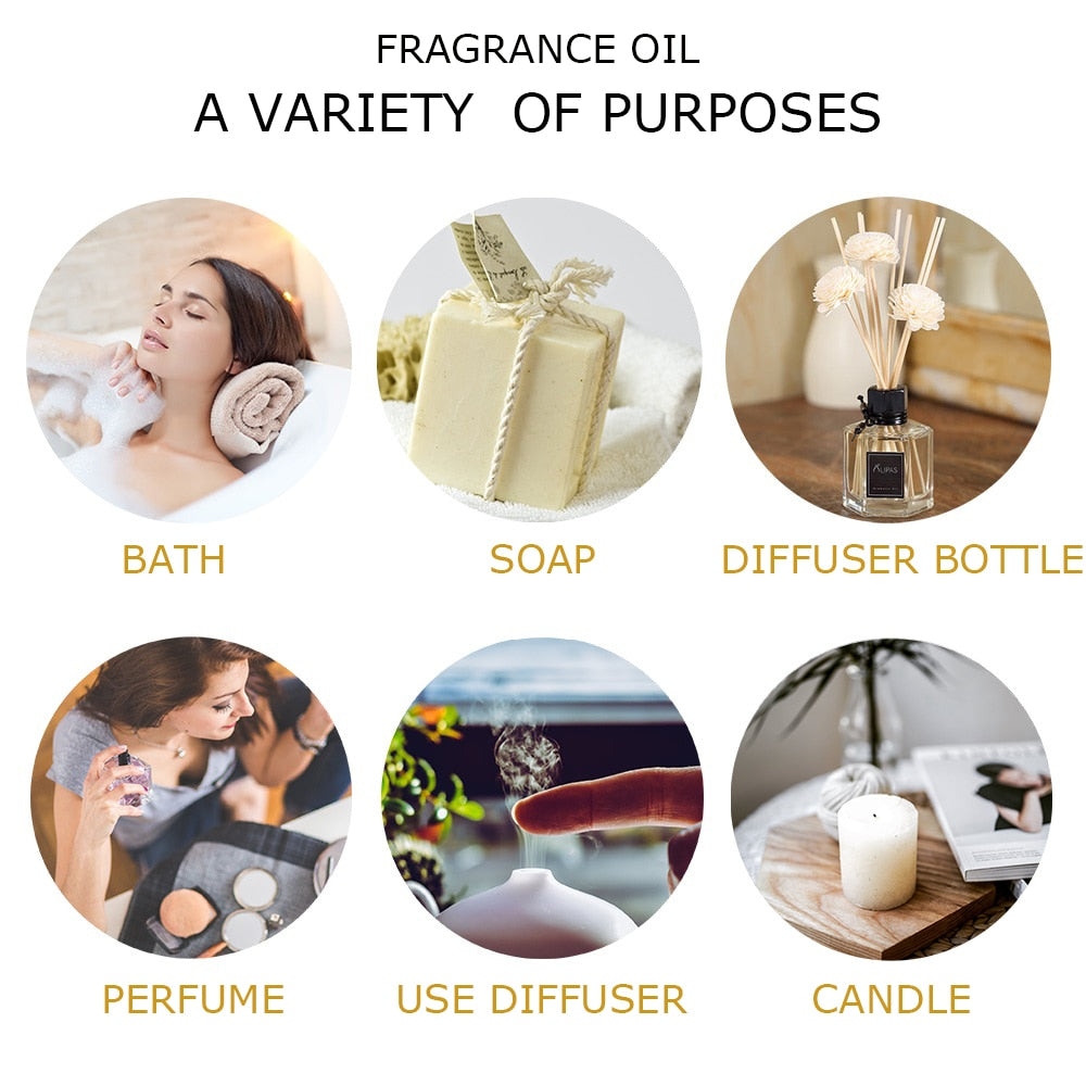 Illustration of various uses for fragrance oil including bath, soap, diffuser bottle, perfume, use diffuser, and candle.