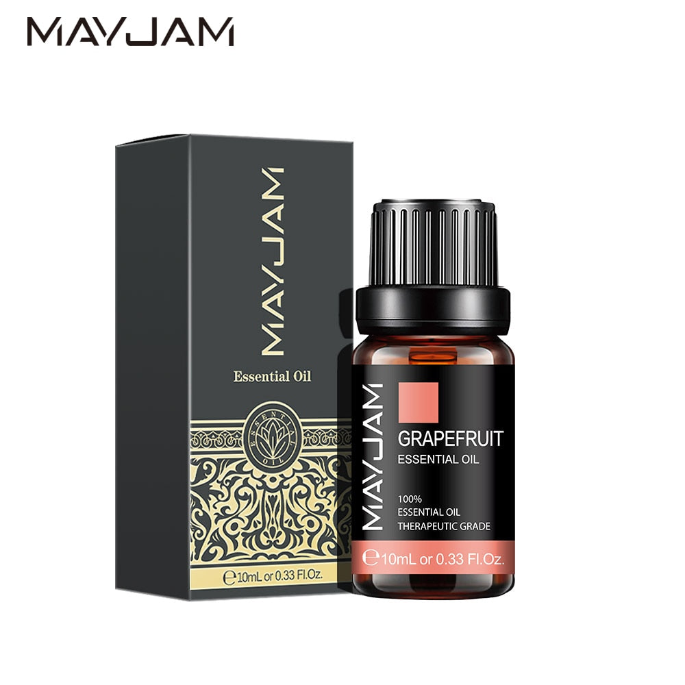 MayJam grapefruit essential oil bottle and packaging on a white background