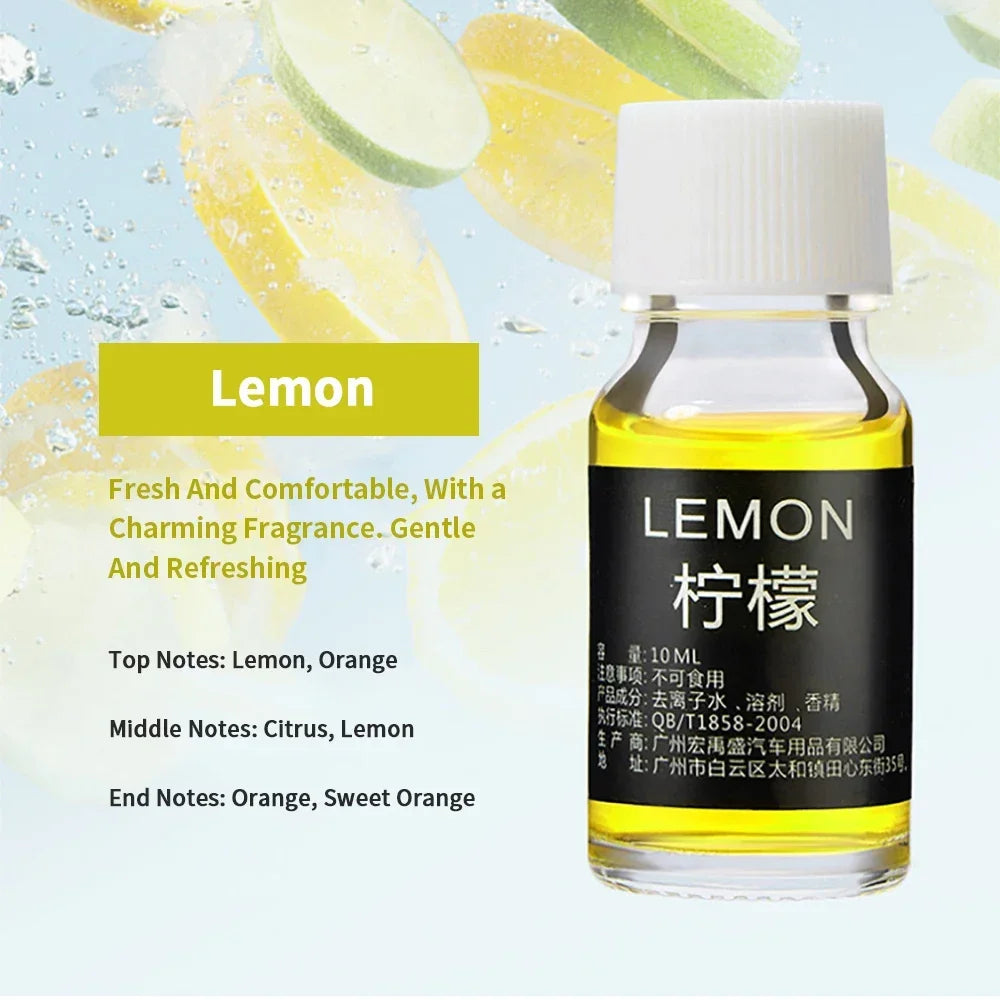 Bottle of lemon-scented oil with lemon slices in the background