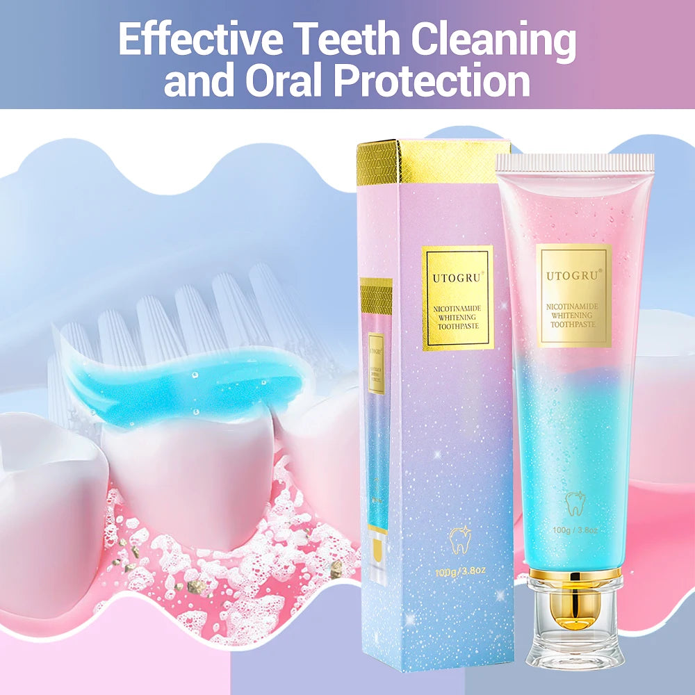Utooru whitening mouthwash packaging with toothbrush and teeth illustration on a gradient background