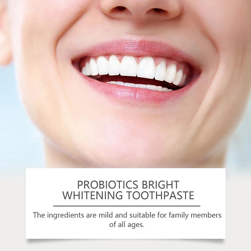 Close-up of a smiling mouth with white teeth, featuring text about probiotics bright whitening toothpaste.