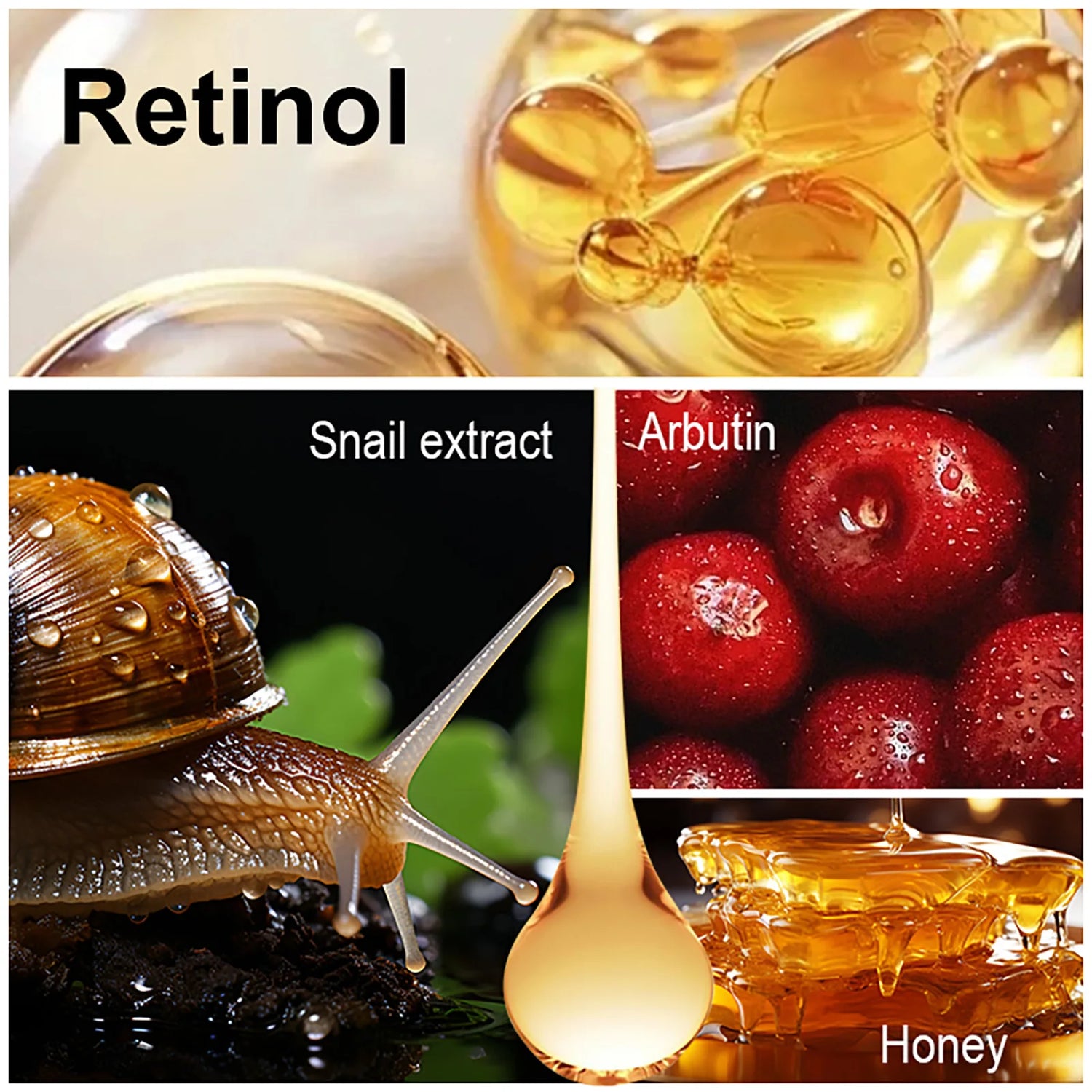 Collage of retinol, snail extract, arbutin, and honey with close-up shots.