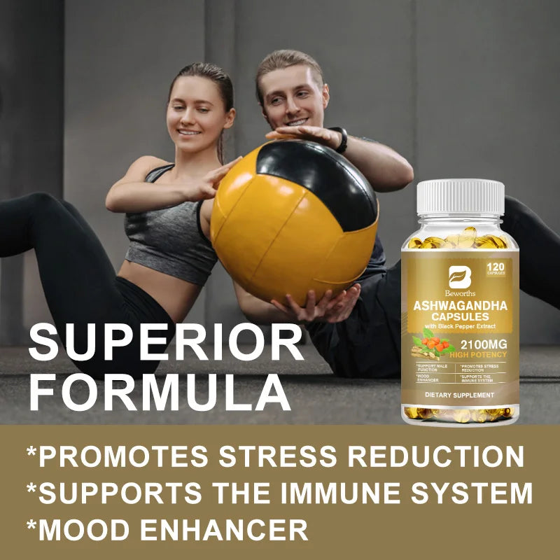 Two people exercising with a medicine ball, next to an Ashwagandha supplement bottle, on a gray background.