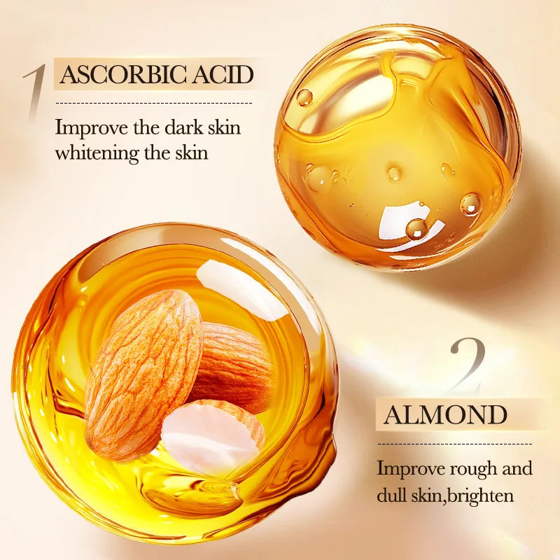 Cosmetic product with ascorbic acid and almond ingredients on a beige background