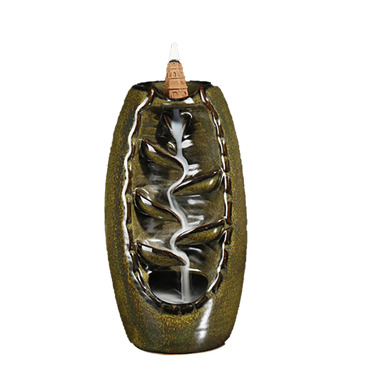 Ceramic incense burner with leaf design on a white background