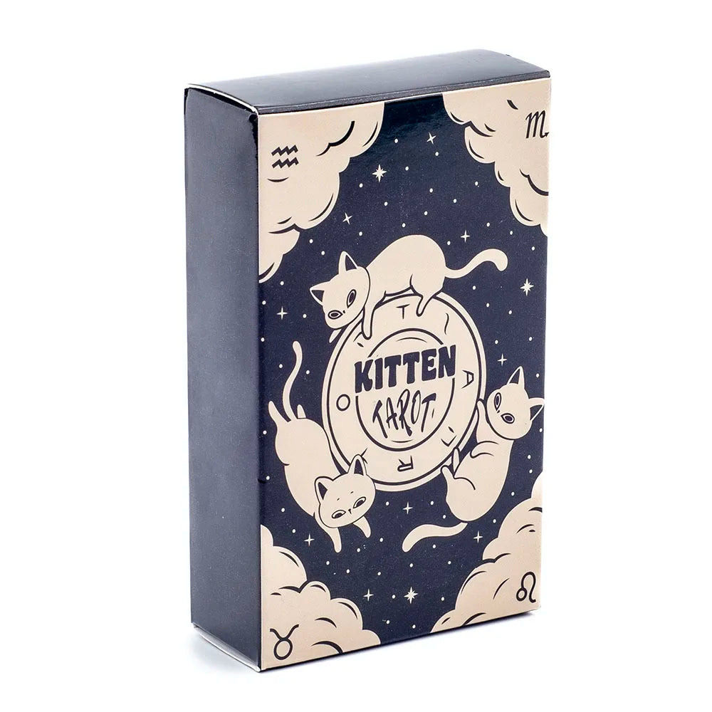 Card game box with cat illustrations and 'Kitten Tarot' text on a dark blue background