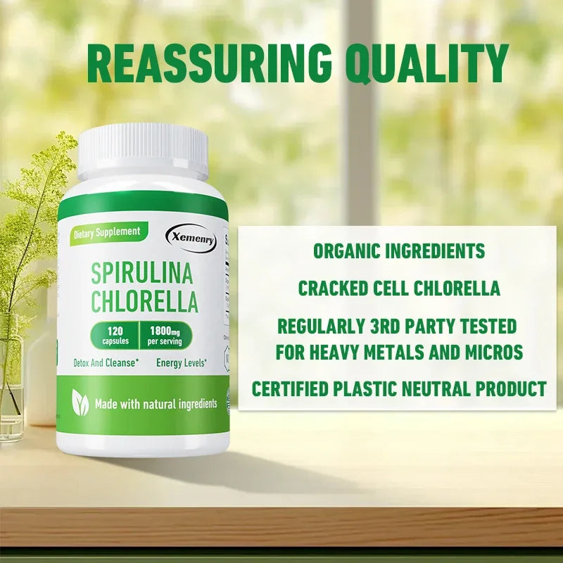 Supplement bottle labeled 'Spirulina Chlorella' with green and white design on a blurred natural background.