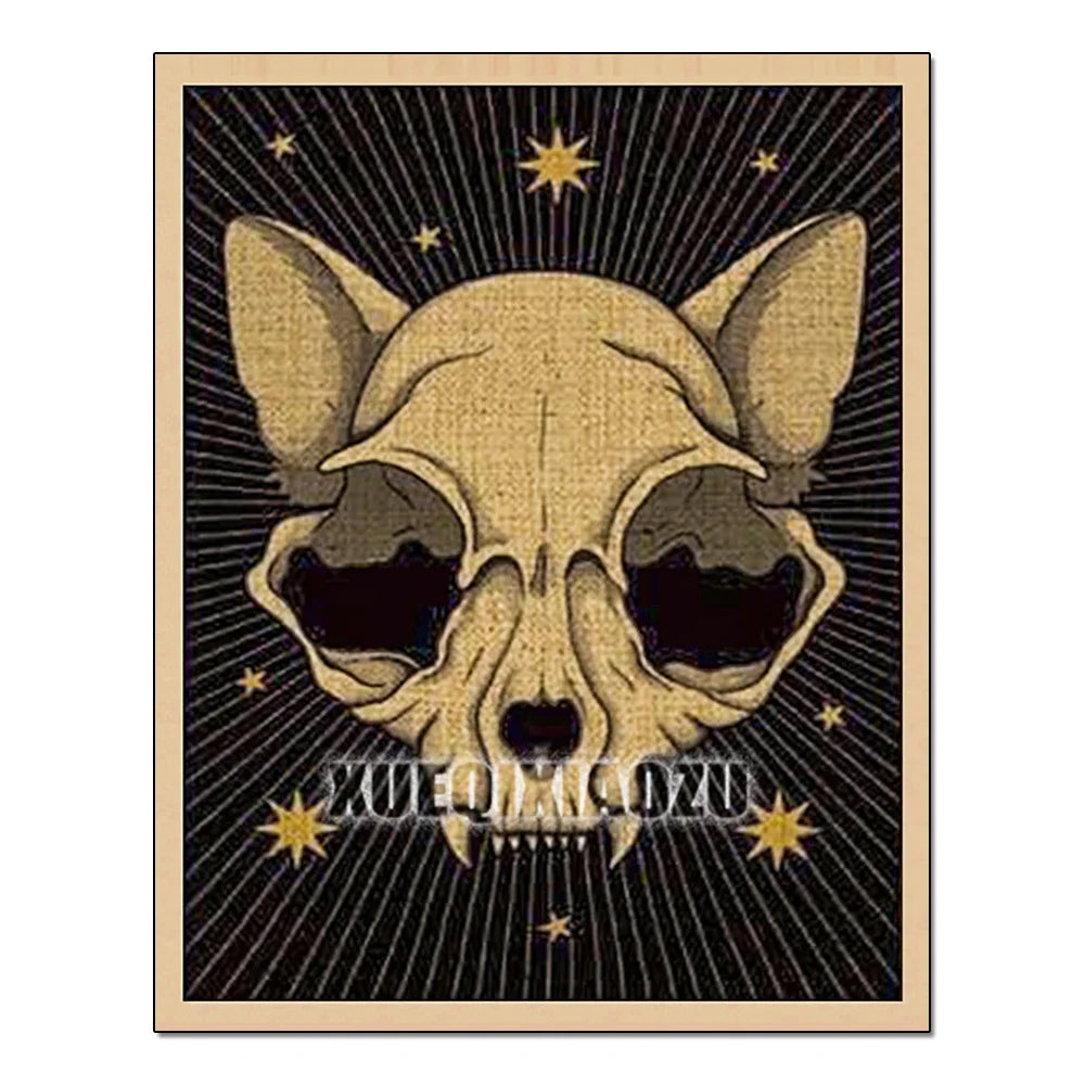 Poster with a dog skull design on a black background with gold accents, featuring the brand 'Xero'.