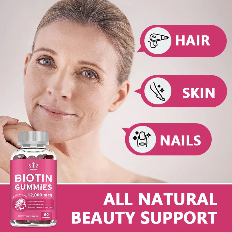 Biotin gummies packaging with a woman's face and text highlighting benefits for hair, skin, and nails.