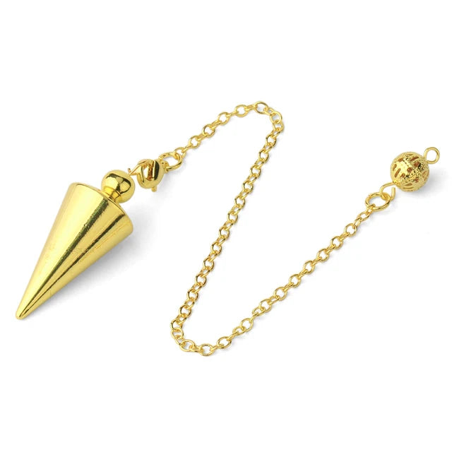 Gold cone-shaped pendant on a chain against a white background