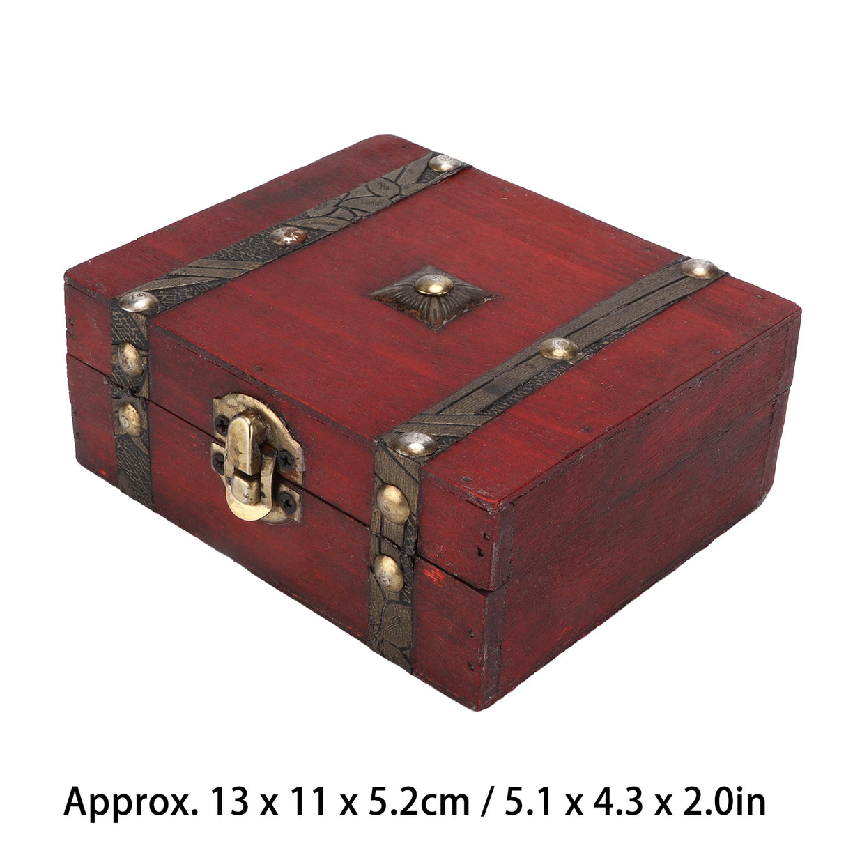 Red wooden box with decorative straps and lock on a white background