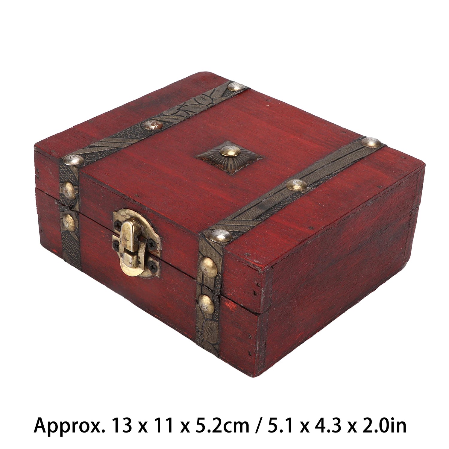 Red wooden box with decorative straps and lock on a white background