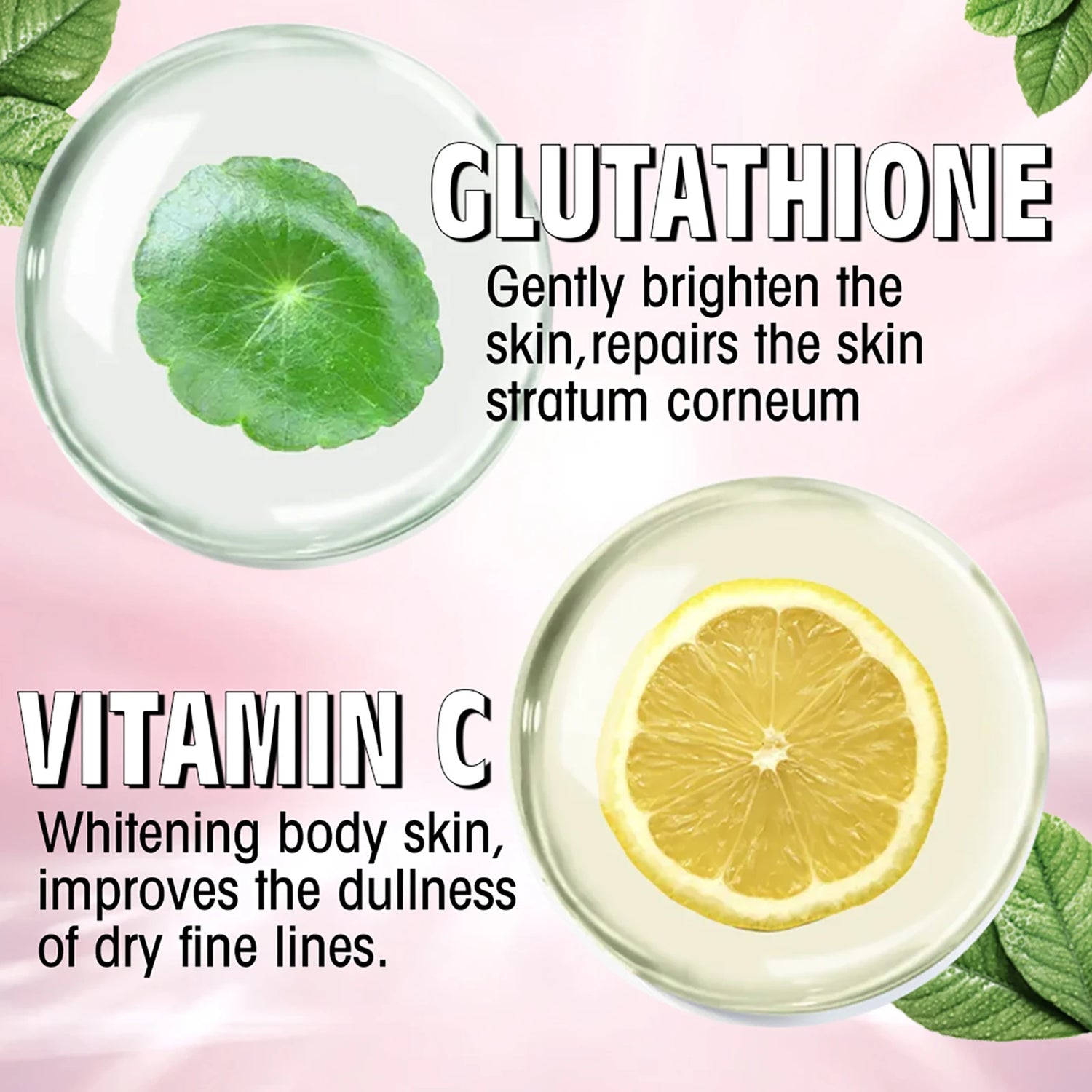 Two slices of lemon and a green leaf in clear containers with text about glutathione and vitamin C on a pink background.