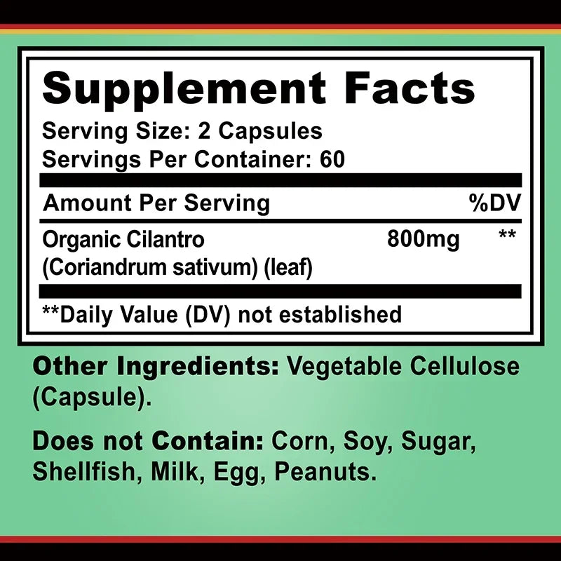 Supplement facts label with organic cilantro content on a green background