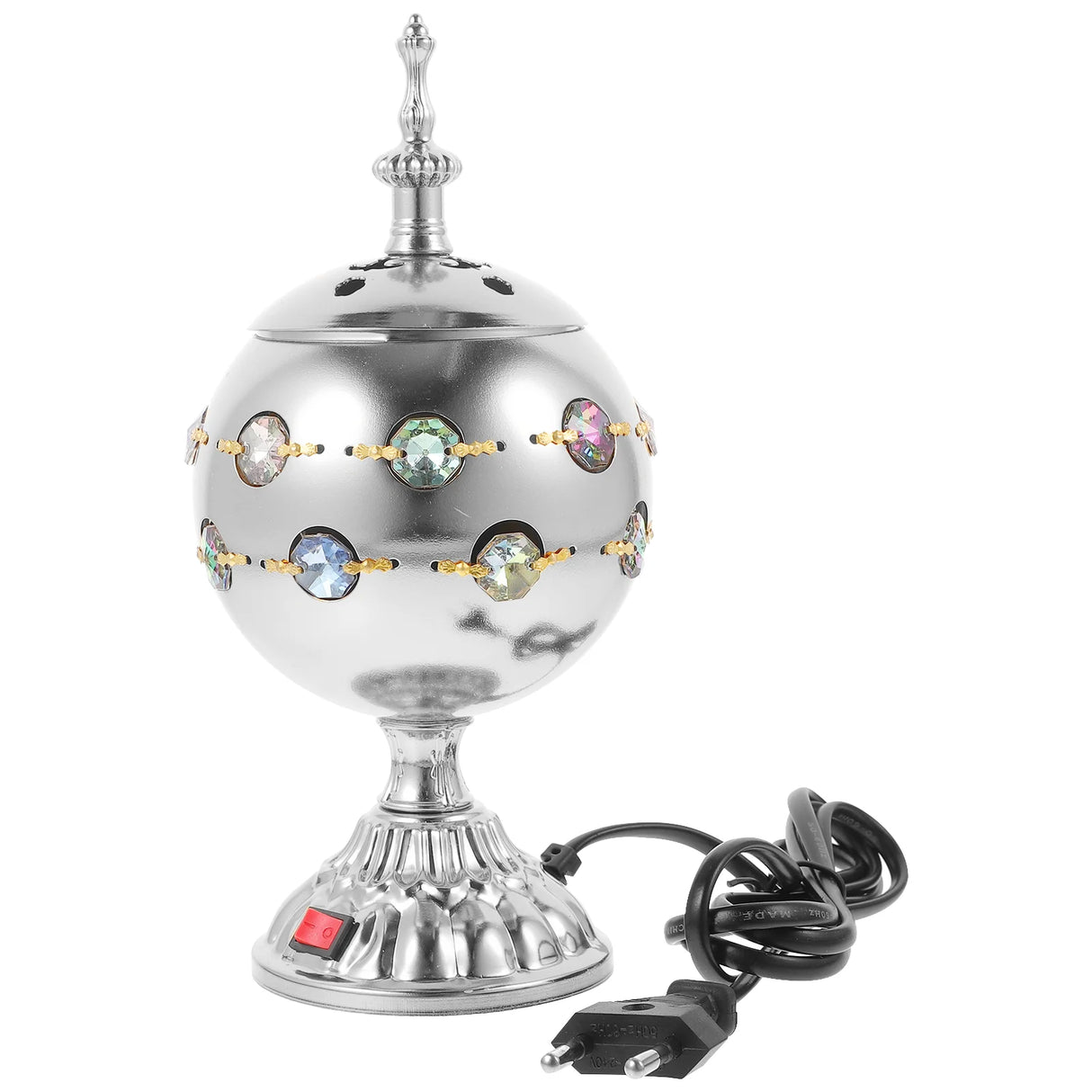 Decorative silver lamp with gemstone accents on a white background