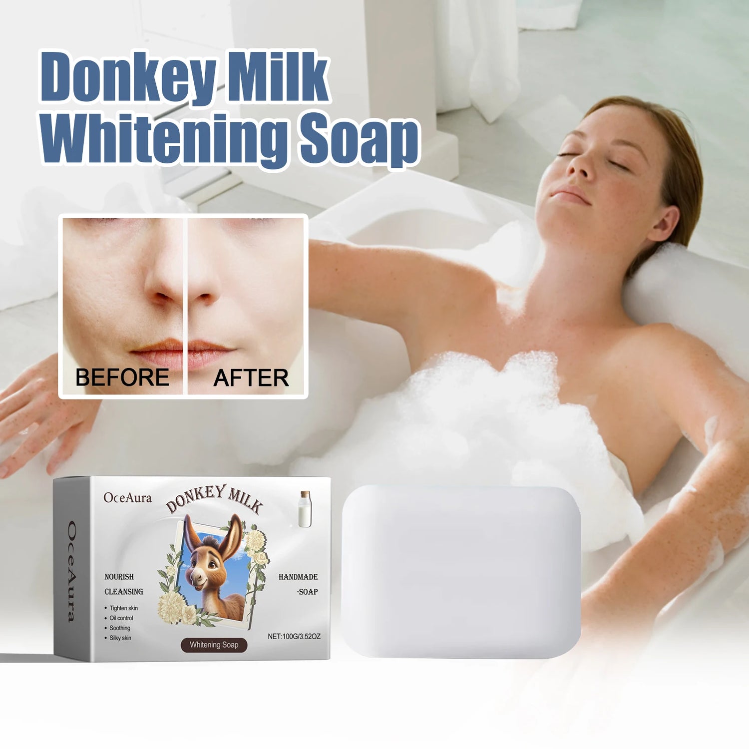 Woman in a bathtub with donkey milk soap and packaging, showing before and after effects on skin.