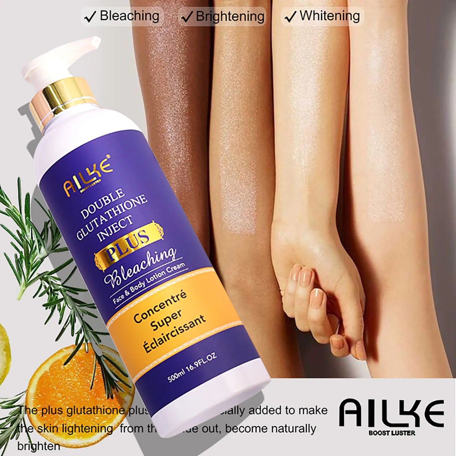 AILKE Double Glutathione Inject Plus Bleaching Lotion Cream with a close-up of legs showing lightened skin.