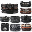 Collection of various leather bracelets with different designs and colors on a white background