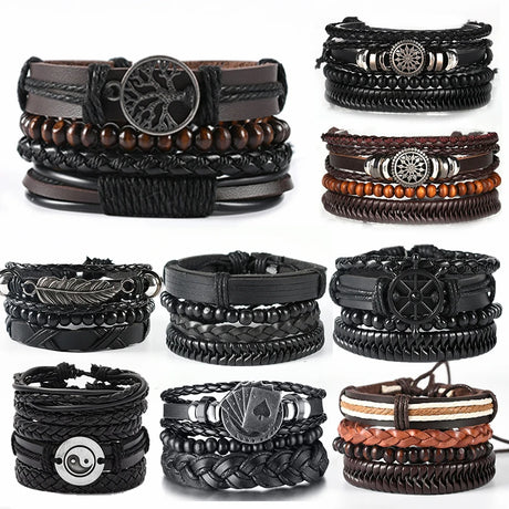 Collection of various leather bracelets with different designs and colors on a white background
