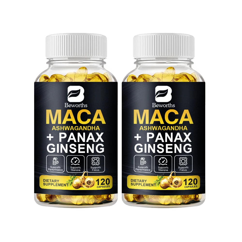 Two bottles of Beworth's Maca Ashwagandha + Panax Ginseng dietary supplements on a white background.