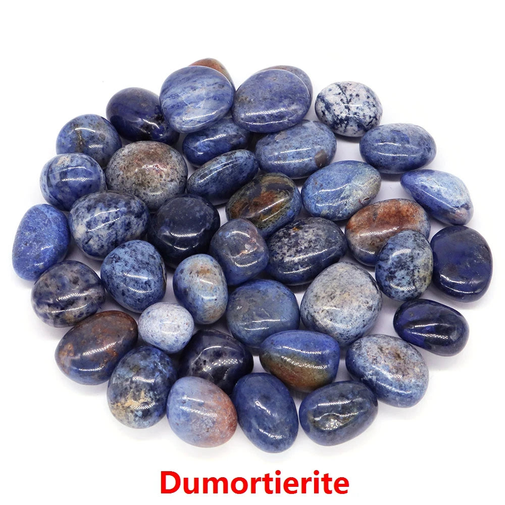 Pile of dumortierite stones on a white background with 'Dumortierite' text.