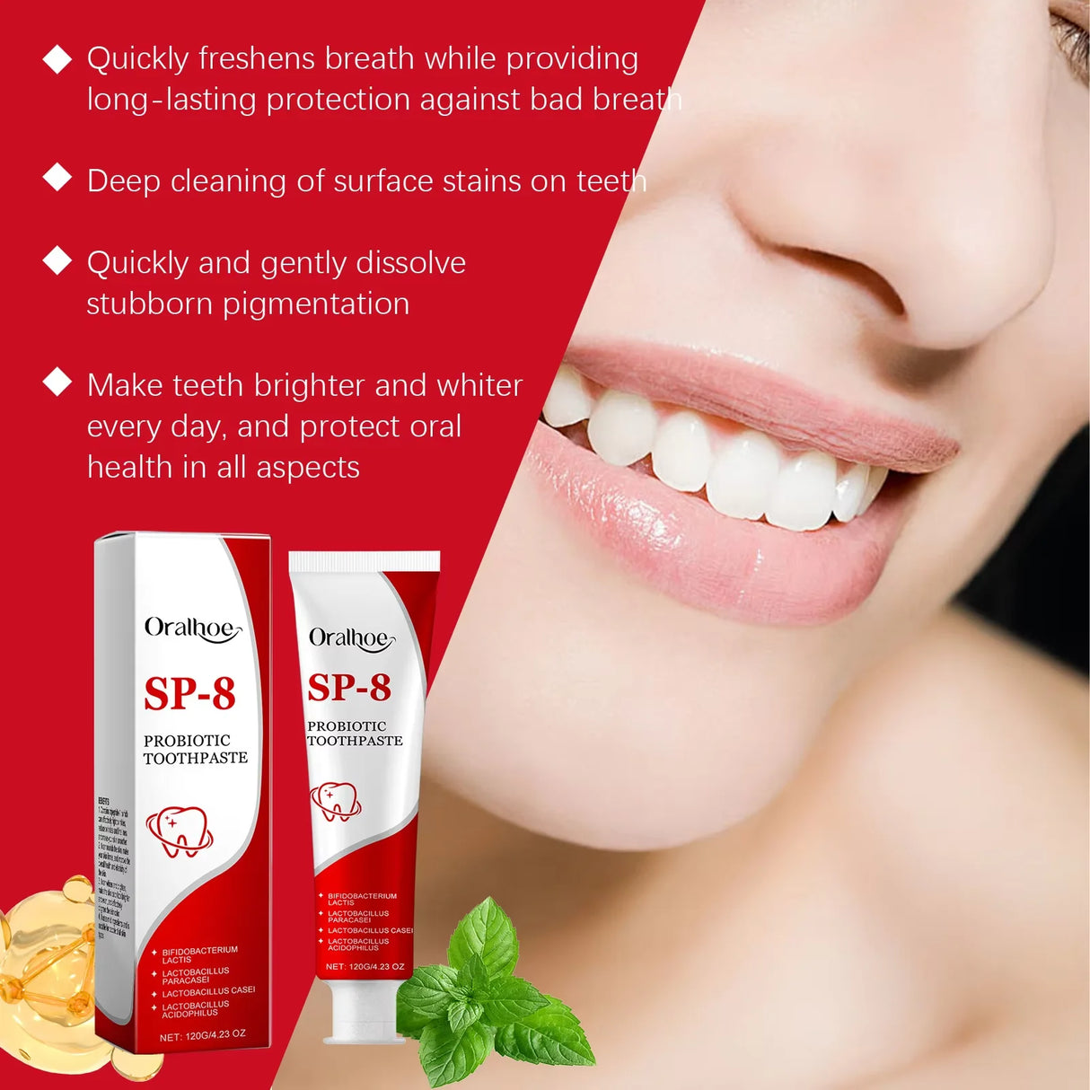 Oral-bee SP-8 probiotic toothpaste with a close-up of a smiling mouth and text highlighting product benefits.