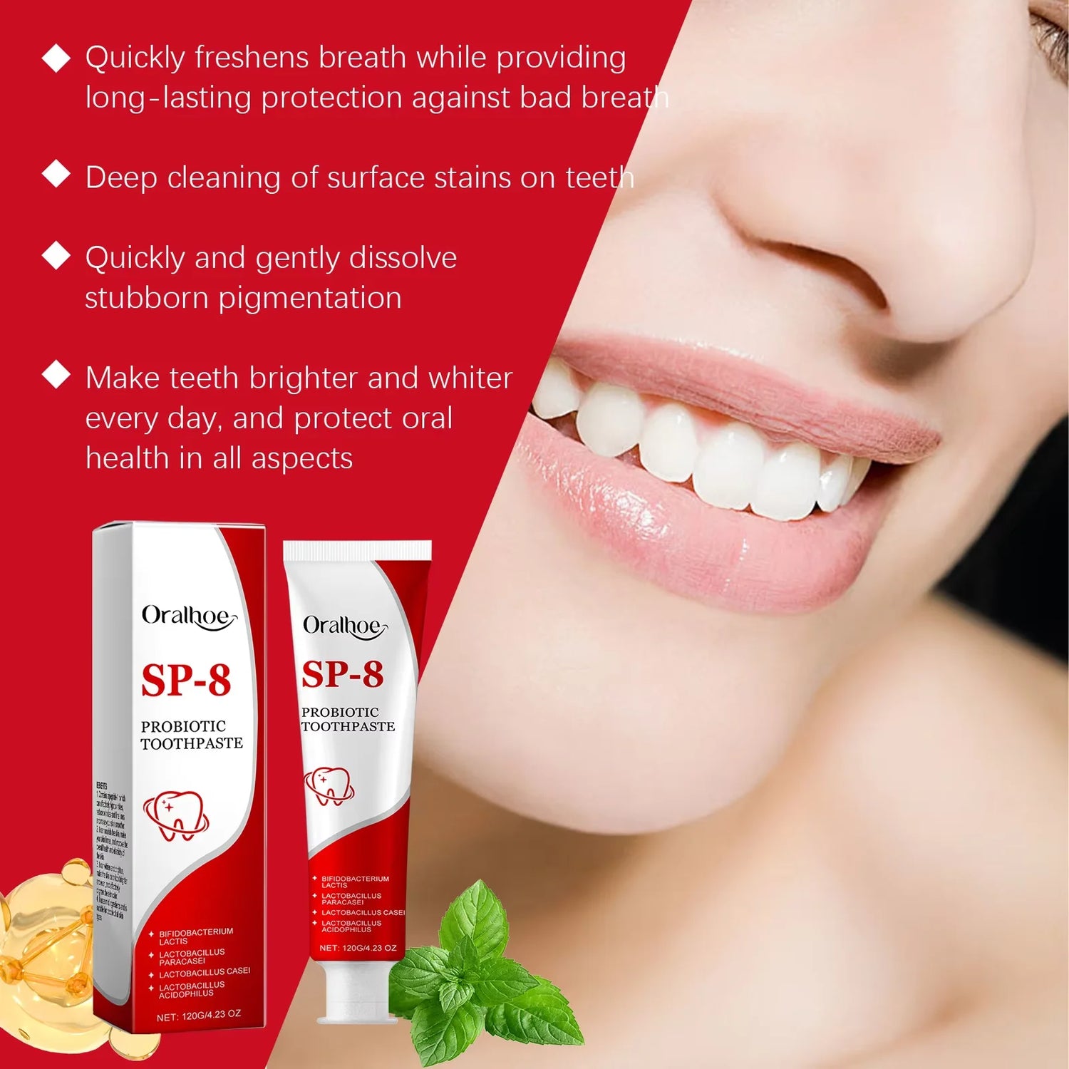 Oral-bee SP-8 probiotic toothpaste with a close-up of a smiling mouth and text highlighting product benefits.