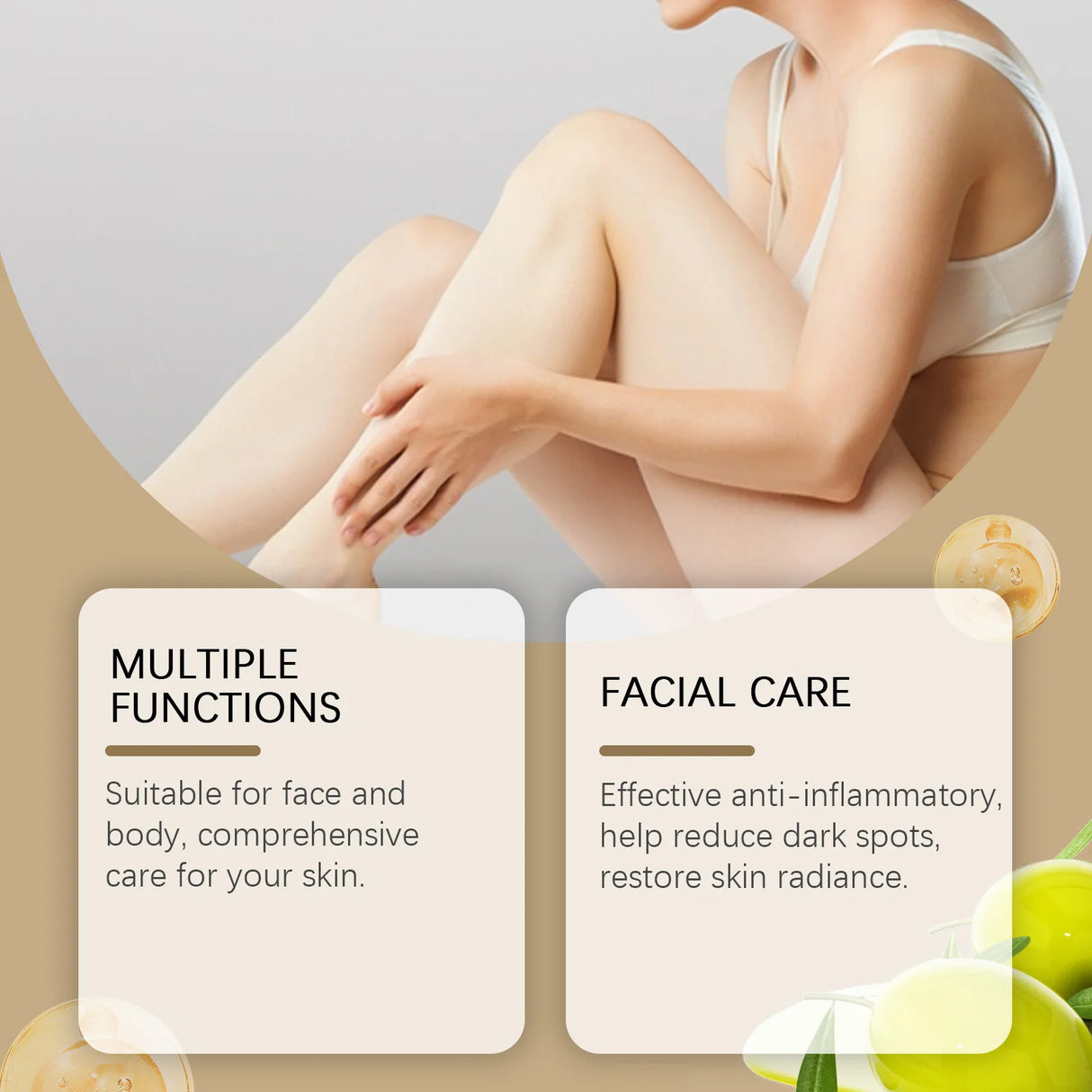 Woman sitting with a focus on her legs, surrounded by green apples and leaves, with text about skin care functions.