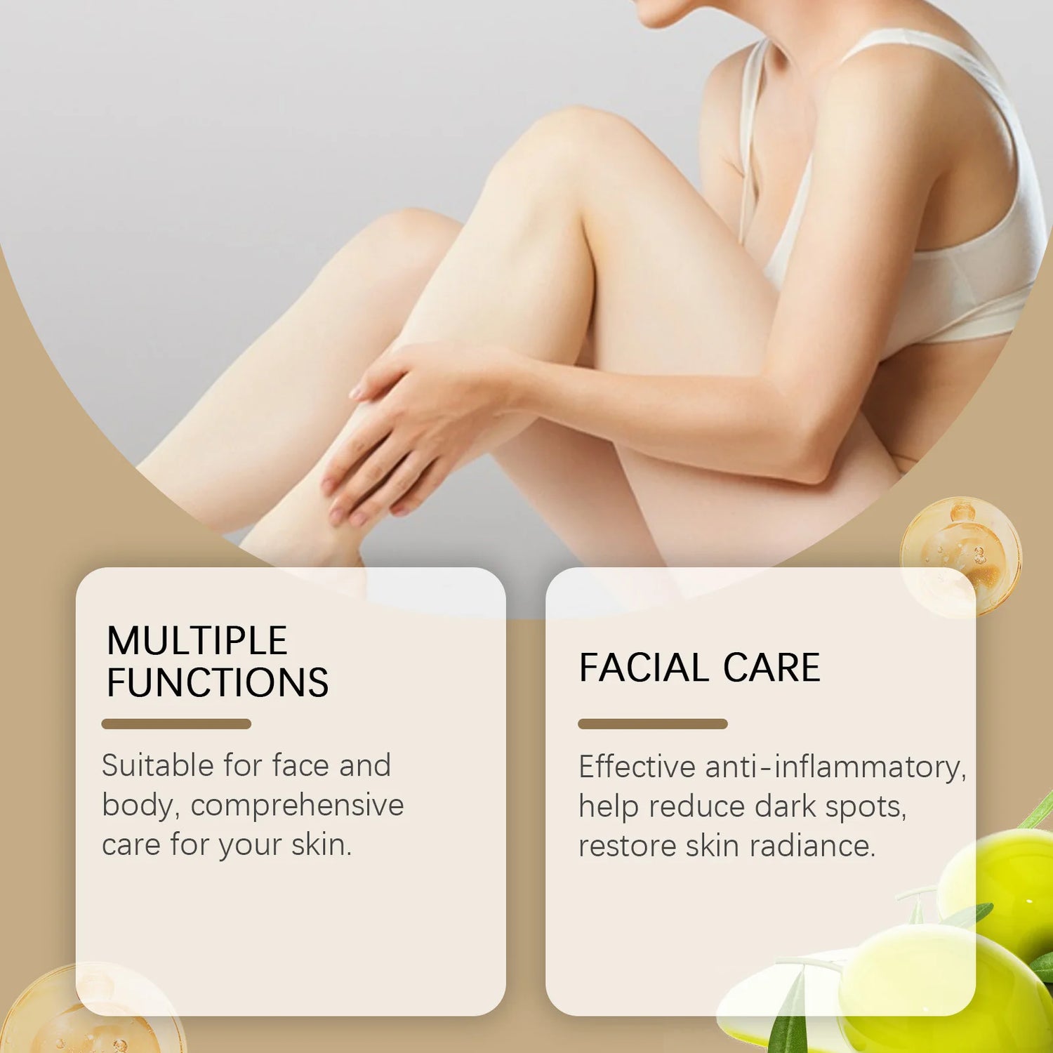 Woman sitting with a focus on her legs, surrounded by green apples and leaves, with text about skin care functions.
