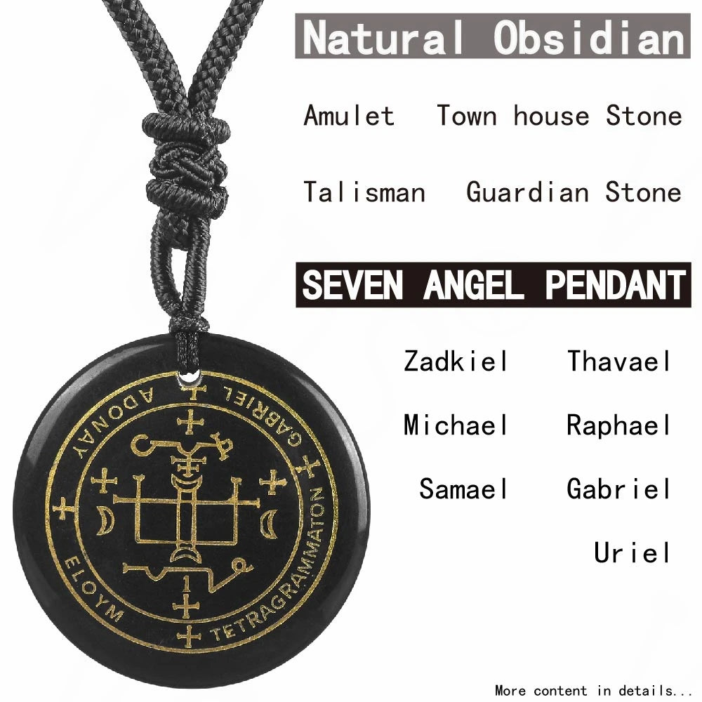 Seven Angel Pendant with gold inscriptions on a black background, featuring names of angels.