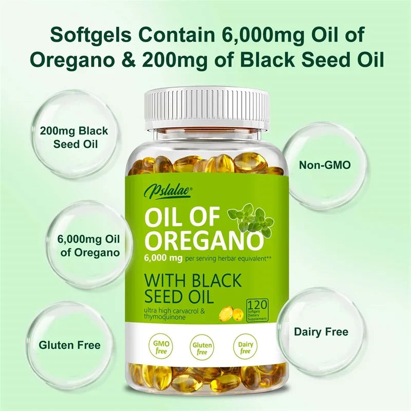 Bottle of Oil of Oregano with black seed oil on a green background