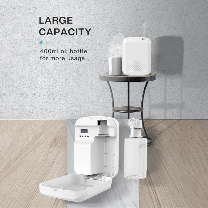 White wall-mounted oil dispenser with a 400ml oil bottle on a wooden floor.