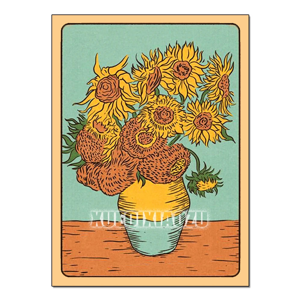 Framed artwork of sunflowers in a vase with a visible brand name.