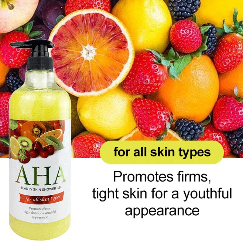 AHA Beauty Skin Shower Gel bottle with fruits and berries in the background