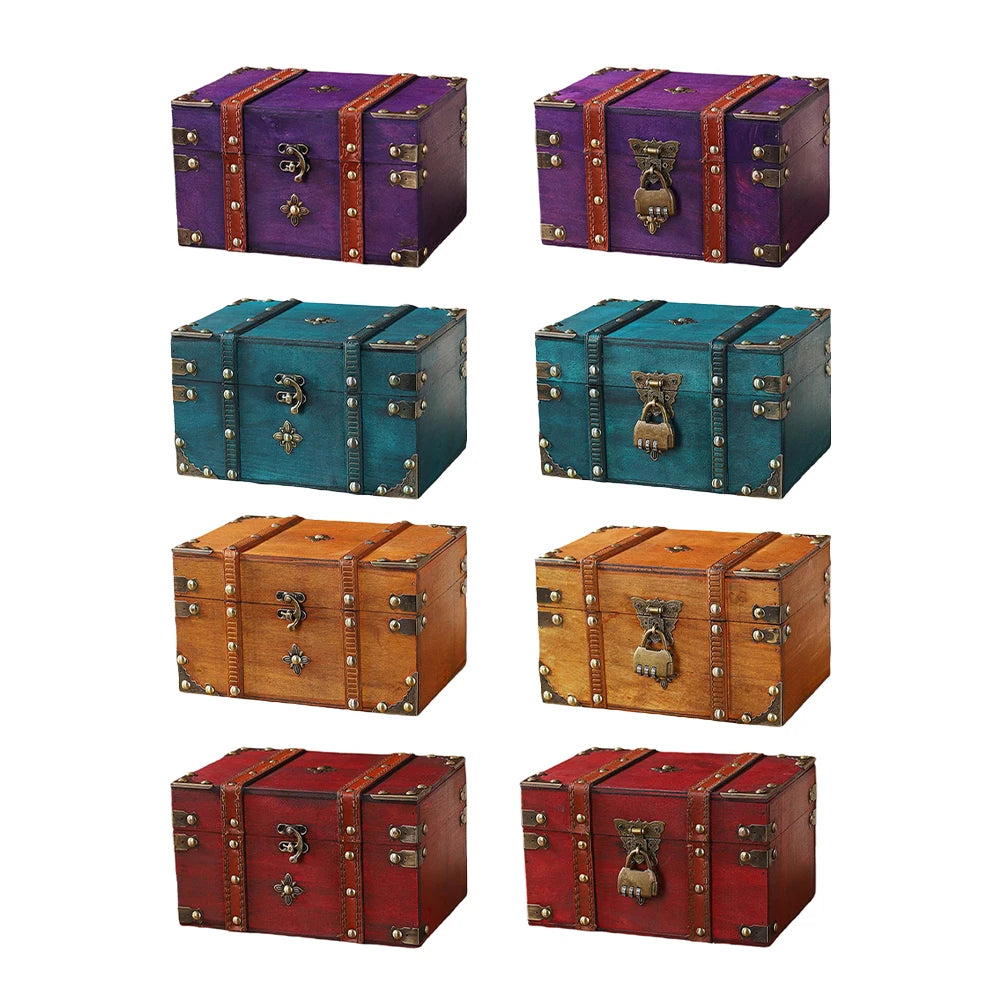 Set of six vintage-style trunks in purple, blue, brown, and red on a white background.