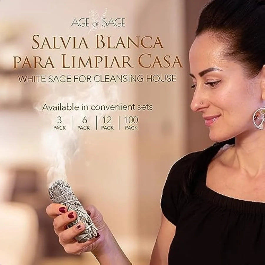 Woman holding a white sage smudge stick with product packaging text in the background