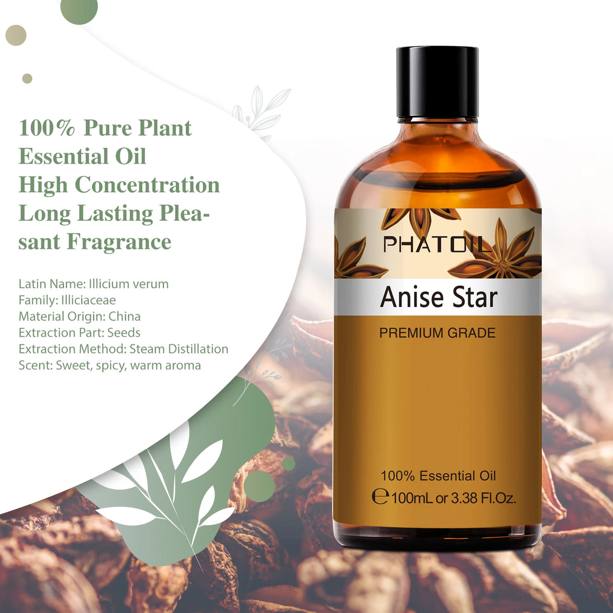 Bottle of Phatou Anise Star essential oil with product details on a white background