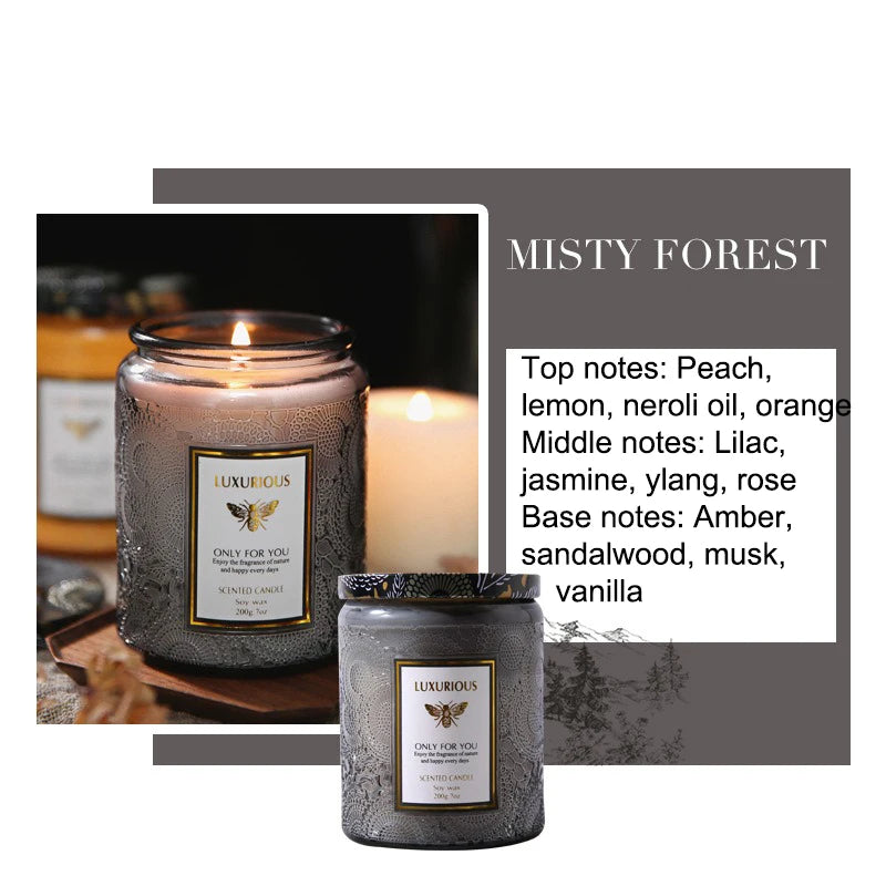 Luxurious candle with 'Misty Forest' description and scent notes on a white background