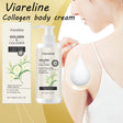 Viareline Golden Collagen body cream with packaging and a woman applying the cream.