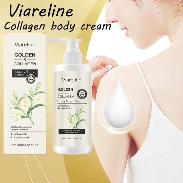 Viareline Golden Collagen body cream with packaging and a woman applying the cream.
