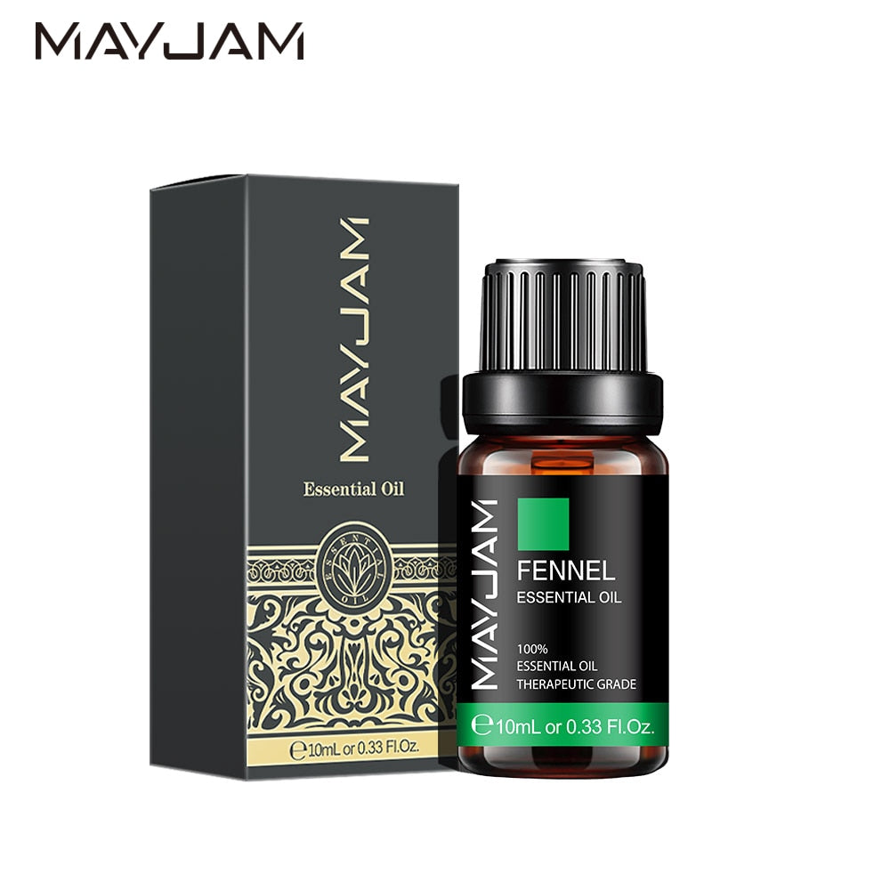MayJam Fennel essential oil bottle and packaging on a white background