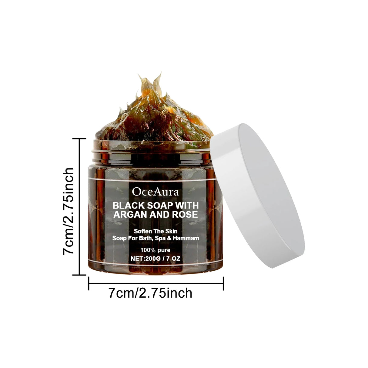OceAura black soap with argan and rose in a jar with dimensions displayed.