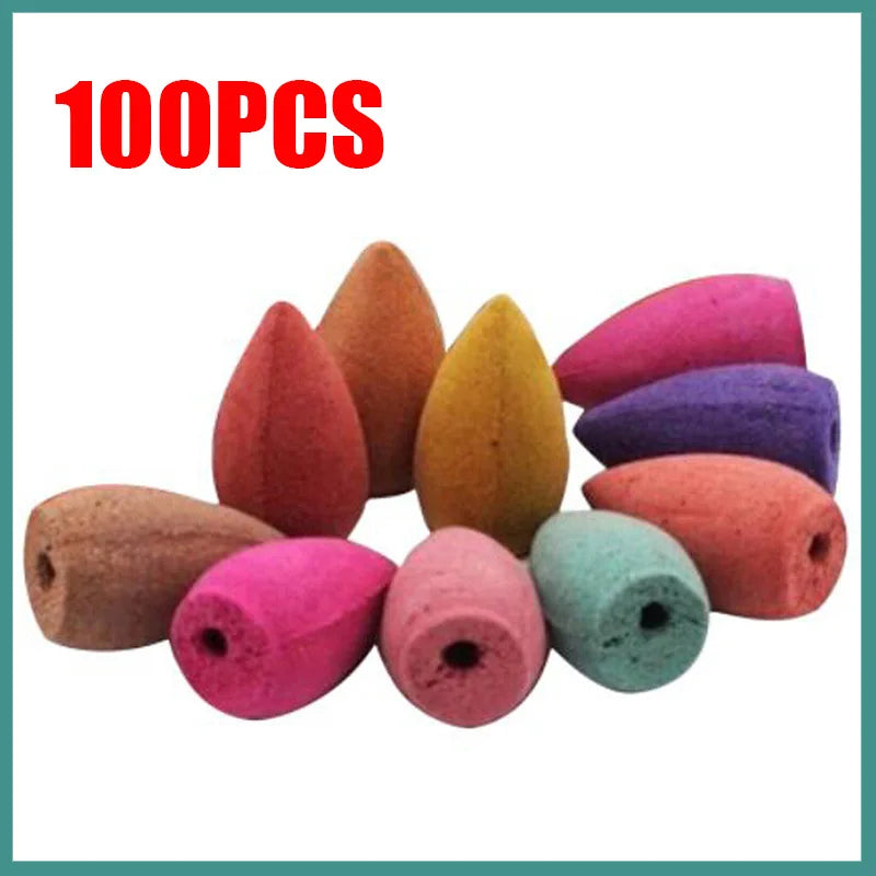 Colorful incense cones with '100PCS' text on a white background