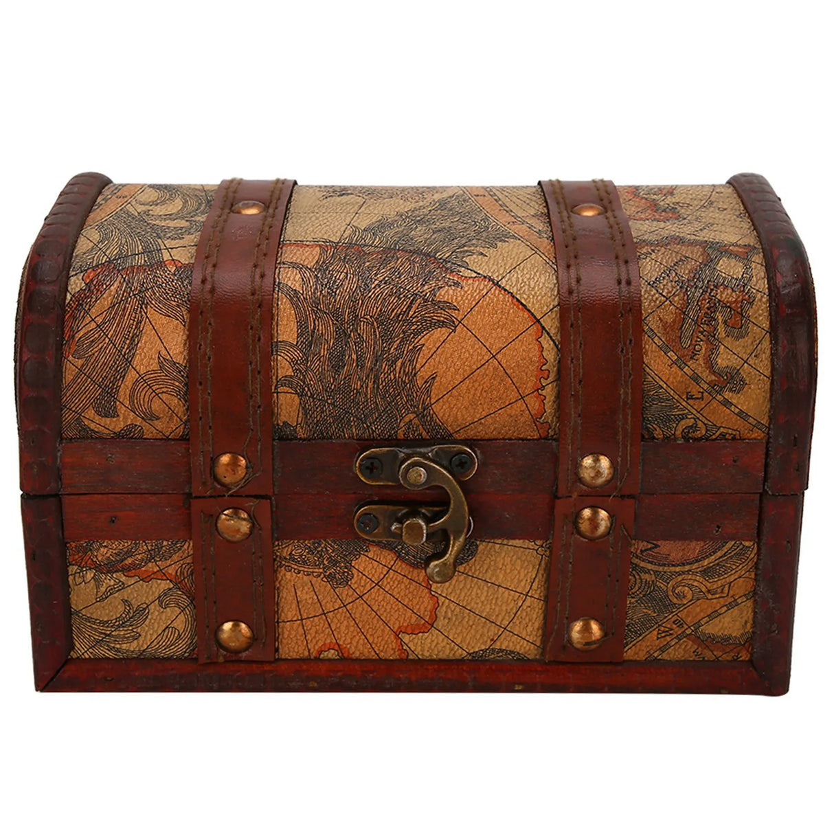 Vintage-style wooden chest with map design on a white background