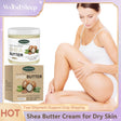 Woman applying shea butter cream with WoodSleep branding and product packaging displayed.