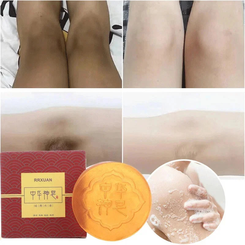 Collage of legs with and without hair removal, RRXUAN soap packaging, and soap bar.