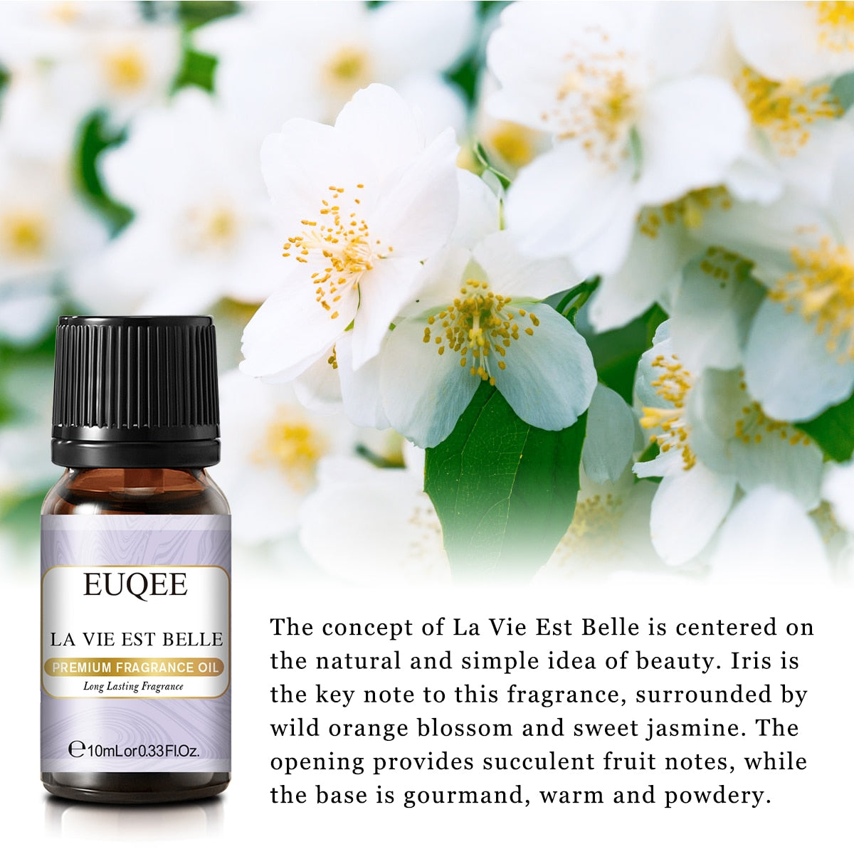 EUQEE fragrance oil bottle with white flowers in the background